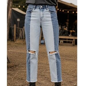 Gap 1969 Real Straight Two Tone Distressed Jeans Blue 31R Raw Hem Streetwear y2k
